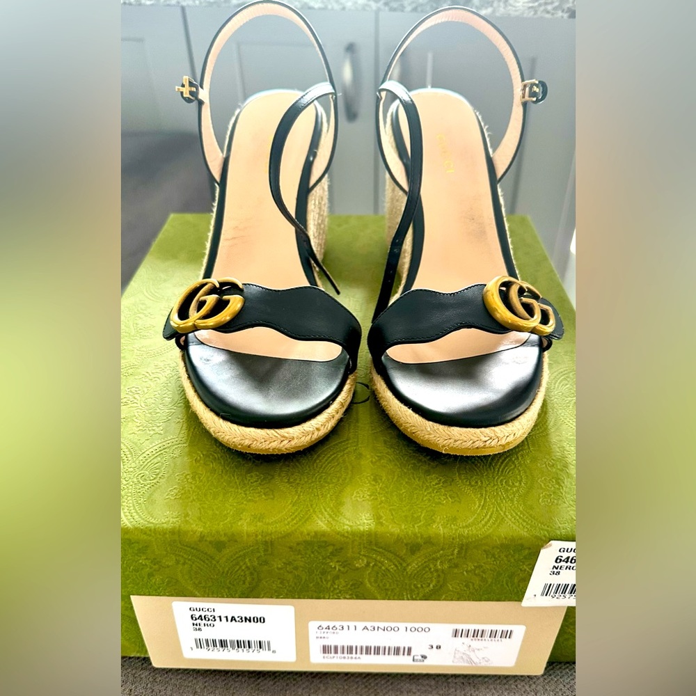 Gucci Black Leather Espadrille Wedges